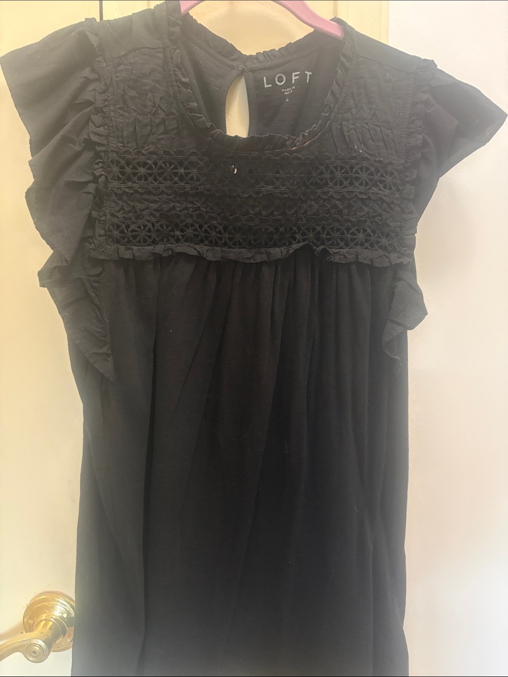 LOFT Black Crochet Yoke Ruffle Sleeve Tunic Top